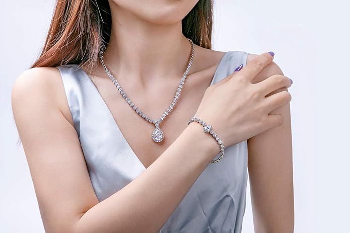 Hadskiss Jewelry Set for Women, Necklace Dangle Earrings Bracelet Set with White AAA Cubic Zirconia, Allergy Free Wedding Party Jewelry for Bridal Bridesmaid