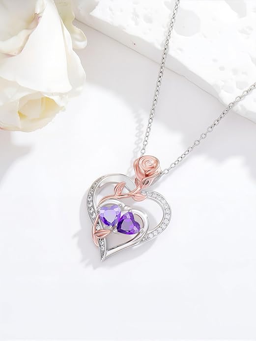 Rose Flower Heart Pendant for Women Birthday Gifts 18k Gold Plated Mother Daughter Necklace with 12 Months Birthstone Christmas Valentines Day Gifts for Her Mom Anniversarry Jewelry for Mom Wife Girlfriend