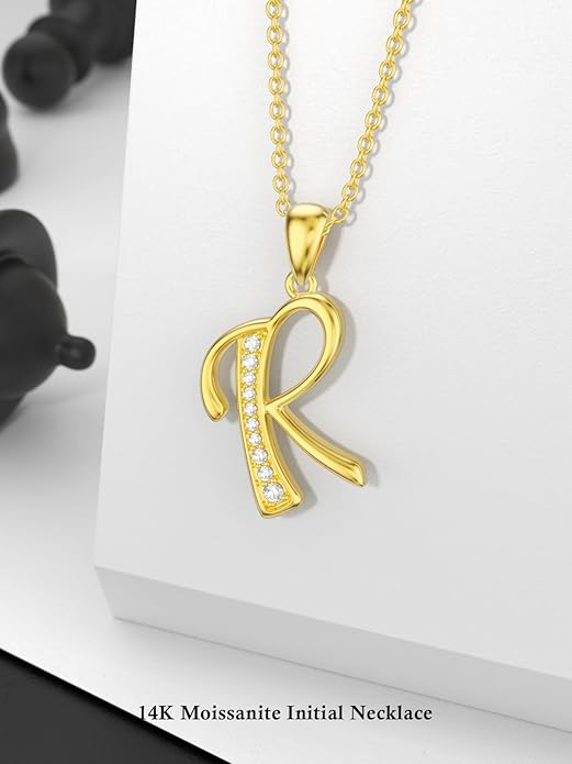14k Gold Initial Necklace for Women, Solid Gold Moissanite Letter Pendant Necklaces Jewelry for Her Birthday Valentines Day Gifts for Mom Wife Christmas Gifts for Girlfriend Sister