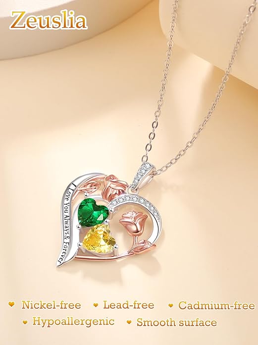 Valentine's Day Gifts for Wife 925 Sterling Silver Double Birthstone Pendant Necklaces I Love You for Always and Forever Necklace Anniversary Birthday Gifts for Wife Girlfriend Mom Her