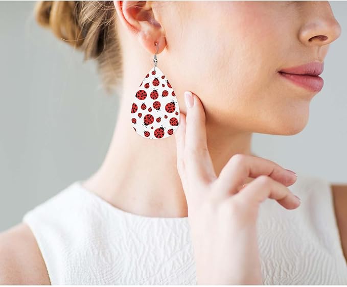Ladybug Leather Teardrop Earrings For Women Red Black Ladybug Polka Dots Pattern Western Earrings For Friends Gift Drop Dangle Earrings