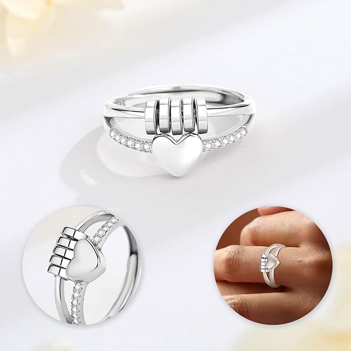 Vito 925 Sterling Silver Fidget Anxiety Ring for Women, Adjustable Open Spinner Ring Stress Relief Ring Stacking Band Anillos Jewelry Gift for Mom Daughter