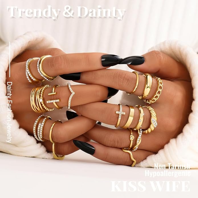 KISS WIFE Goldenen Silvery Black Kunckle Rings Set for Women, Dainty Simple Trendy Cute Stackable Finger Rings Pack, Perfect for Stacking Layering on Thumb and Knuckle, Mixed Size, Jewelry Gift