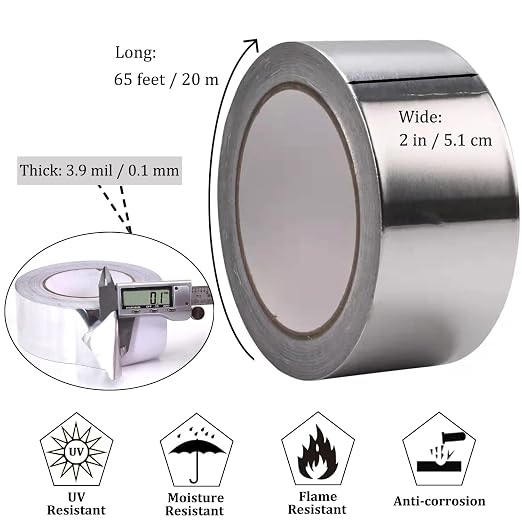 Aluminum Foil Duct Tape Heavy Duty Waterproof, Premium Silver Metal HVAC Heat - Image 2