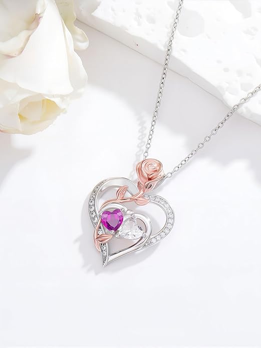 Rose Flower Heart Pendant for Women Birthday Gifts 18k Gold Plated Mother Daughter Necklace with 12 Months Birthstone Christmas Valentines Day Gifts for Her Mom Anniversarry Jewelry for Mom Wife Girlfriend