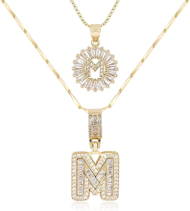 Letter Necklace 14k Gold Plated Bling Dainty Necklaces Trendy Chunky Custom Name Necklace Personalized Round Circle Pendant Zirconia Letters Name Crystal Jewelry Gifts for Women