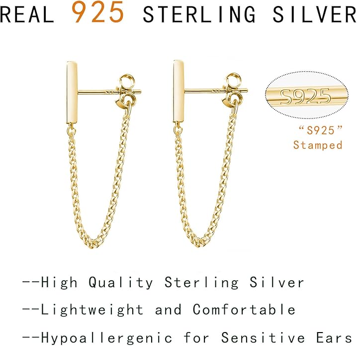 Reffeer Solid 925 Sterling Silver Stud Earrings Minimalist Bar Earrings with Chain Dangle Earrings For Women
