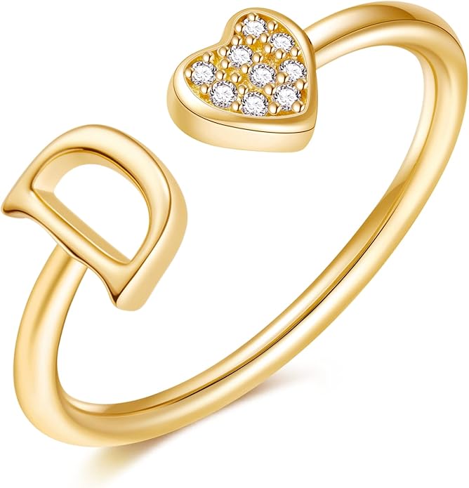 Valentines Day Gift Initial Rings for Teen Girls - S925 Heart Sterling Silver Rings for Teen Girls | 14K Gold/Rose Gold/Sterling Silver Plated Ring for Girls Kids Women Ring for Teenager Girls Gifts Adjustable, No Tarnish, Hypoallergenic