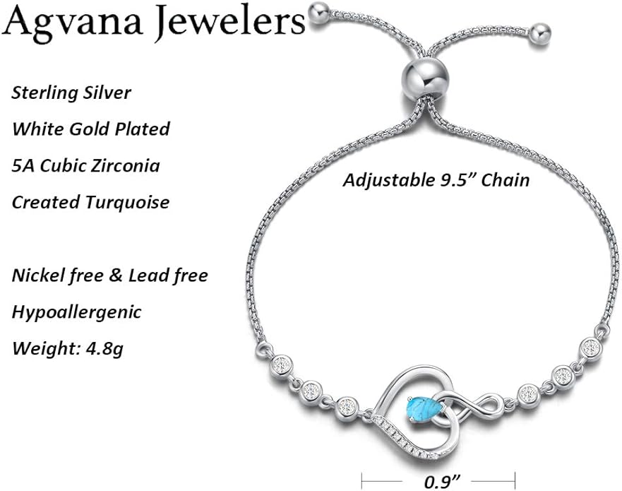 AGVANA Valentines Day Gifts Heart Birthstone Bracelets for Women Sterling Silver Genuine or Created Gemstone Tennis Bracelet Infinity Love Jewelry Anniversary Birthday Gifts for Wife Mom Women