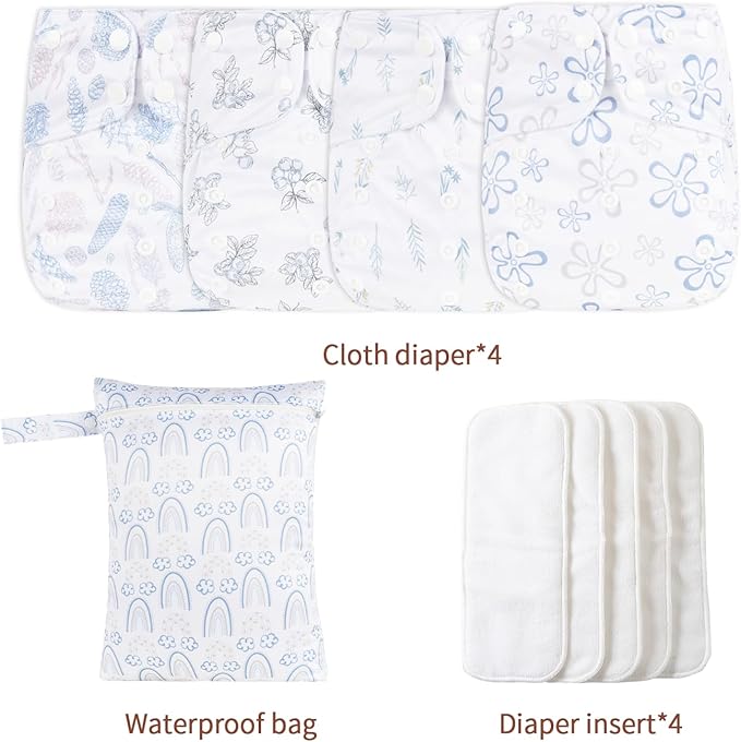 HappyFlute 9 Sets Newborn Baby Cloth Pocket Diapers Adjustable Reusable for Baby Boys and Girls(6-33 pounds,0-3 Years),One Wet Bag+4Diapers and 4Inserts (AD07)