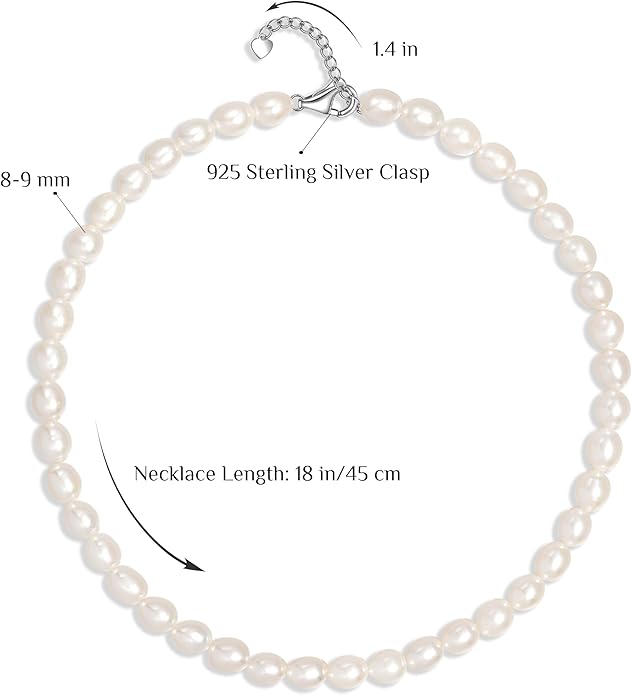 Pearl Necklace for Women, AAA+ Freshwater Cultured Pearl Strand,18 Inch with Sterling Silver Clasp, Elegant Pearls Classic Jewelry Gift for Mother's Day | Christmas | Wedding | Anniversary for Mother Wife Daughter
