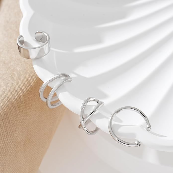 CHIC & ARTSY 925 Sterling Silver Ear Cuffs for Women, Non Piercing Clip On Cartilage Cuffs, Adjustable Fake Conch & Helix Earrings, Gold Plated & Oxidized Various Styles