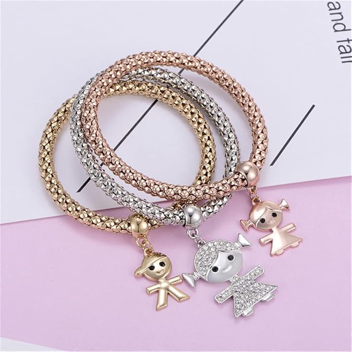 Crystal Charms Multilayer Bracelets - 3PCS Gold/Silver/Rose Gold Corn Chain Bracelet for Women, Tree of Life Heart Shaped Stretch Bracelet