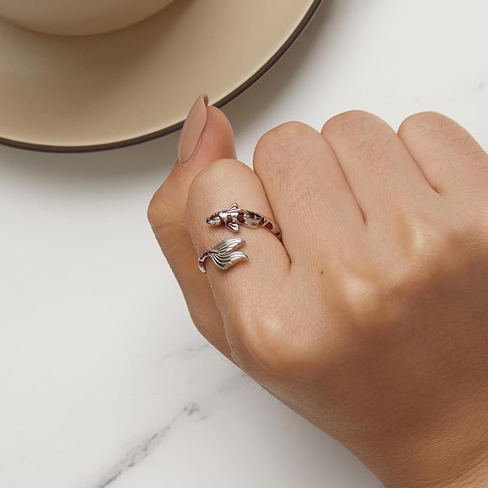 WOSTU Animal Open Adjustable Ring Playful Cat Dachshund Snake Koi Fish Hummingbird Bat Heart Feather Stacking Ring for Women, Sterling Silver Plated Pet Memorial Jewelry Gift for Cat Lovers