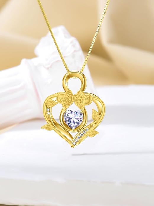 Midari 18K Gold Heart Birthstone Necklace 18K Gold Infinity Rose Necklace Birthday Christmas Jewelry Gifts for Women Wife Her Daughter Mom