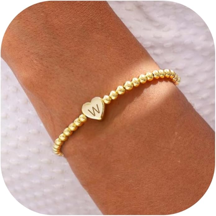 Valentines Day Gifts for Women Her - Dainty Beaded Heart Initial Bracelets Letter A-Z Charm Stretch Bead Ball Bracelet Trendy Jewelry Gifts