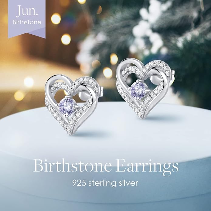 CDE Forever Love Heart Stud Earrings for Women, 925 Sterling Silver Birthstone Heart Stud Earrings Christmas Day Mother's Day Gift Anniversary Birthday Jewelry Gifts for Women Wife Her