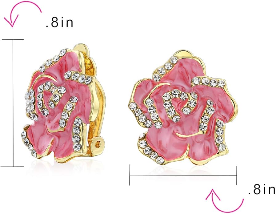 Pink Red Enamel Flower Crystal Edge Spring Retro Floral Rose Clip On Earrings For Women Non Pierced Ears 14K Gold Plated