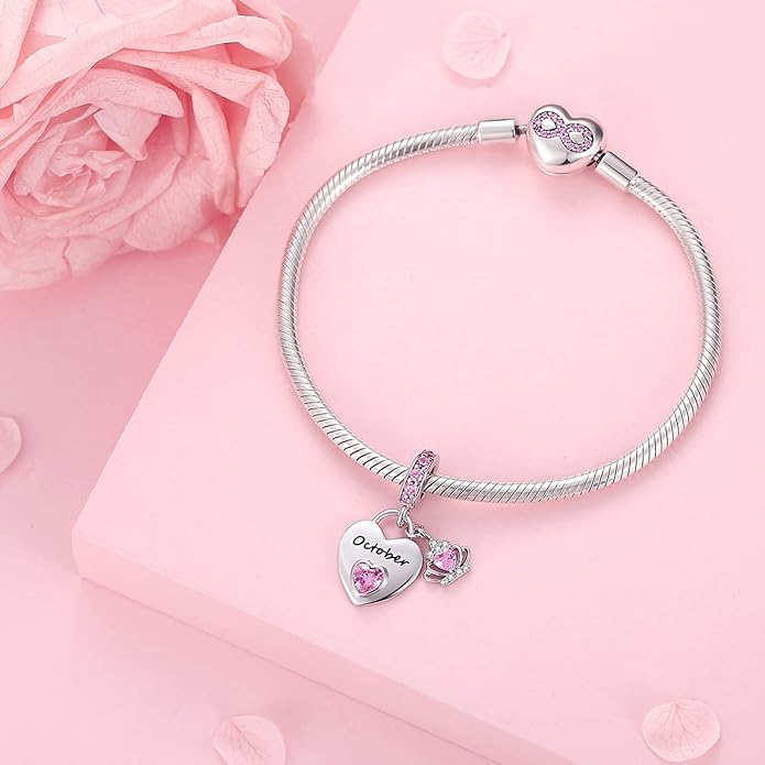 Birthstone Charms for Charms Bracelet: 925 Sterling Silver Heart Dangle Charms for Bracelets and Necklaces, Birthday Mother's Day Christmas Gifts For Women.