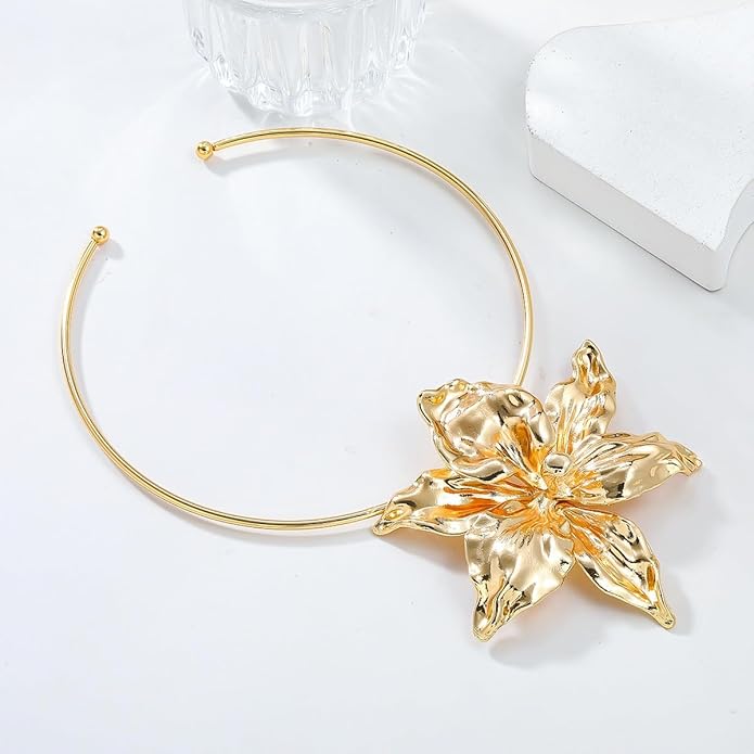 Statement Metallic Alloy Flower Necklace for Women - Large Floral Pendant Vintage Open Choker Hawaiian Vacation Beachy Boho Fashion Jewelry