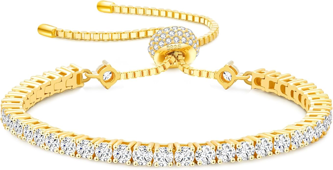 KRKC&CO Moissanite Bolo Tennis Bracelets for Women, 1.6-8.0 ct.tw, Adjustable Length S925 Sterling Silver, Christmas Gifts for Her, Luxury Box, 2/3/4mm D Color VVS1 White/14K/24K/Rose Gold Plated