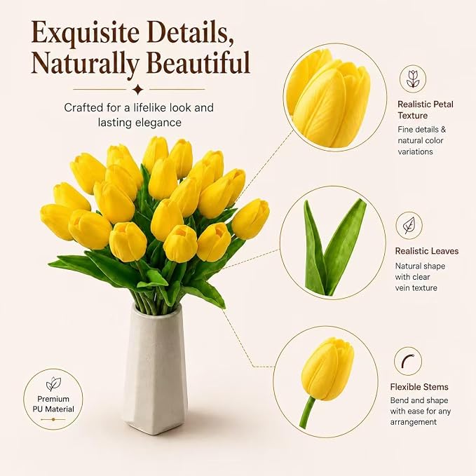 Mandy's 20pcs Artificial Yellow Tulips | 13.5 Inch Lifelike PU Tulips Faux - Image 4