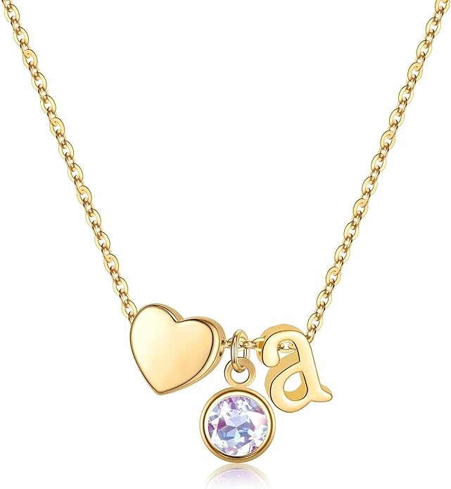 Ursilver Initial Birthstone Necklace for Women - Heart Initial Birthstone Pendant Necklace Personalized Gifts Birthday Gifts for Women