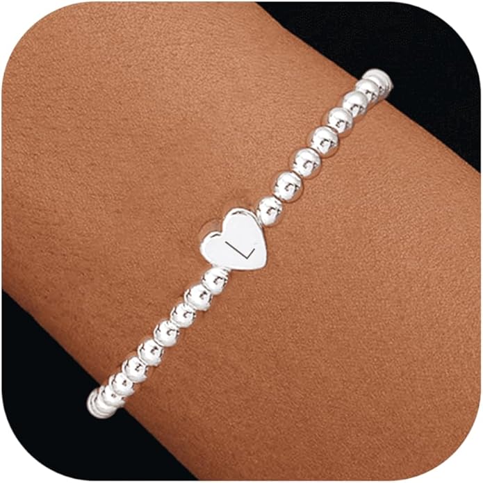 Valentines Day Gifts for Women Her - Dainty Beaded Heart Initial Bracelets Letter A-Z Charm Stretch Bead Ball Bracelet Trendy Jewelry Gifts