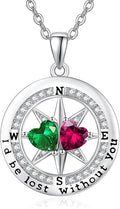 Compass Necklace for Women, Exquisite S925 Valentines Day Anniversary Birthday Gifts for Wife Her Double Birthstone Pendant Jewelry ‘I'd be Lost Without You’
