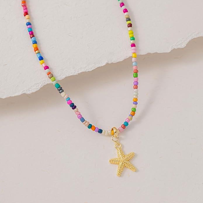 VRIUA Colorful Beaded Necklaces for Women – Summer Beach Boho Starfish, Conch, Shell, Pearl, Palm tree Pendant Necklace Jewelry