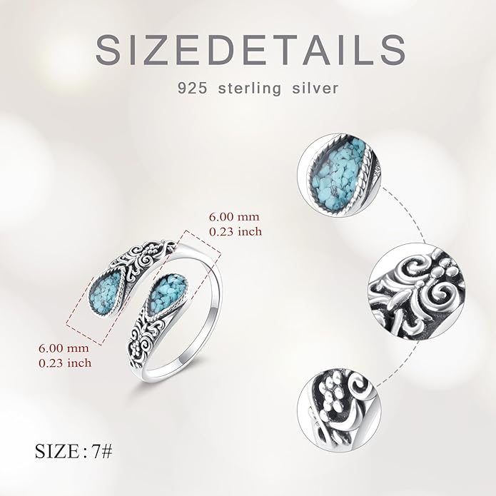 Hummingbird/Dragonfly Turquoise Ring 925 Sterling Silver Floral Spoon Rings Vintage Thumb Band Oxidized Wrap Adjustable Bands Jewelry Gifts for Women Wife Mother Christmas Birthday