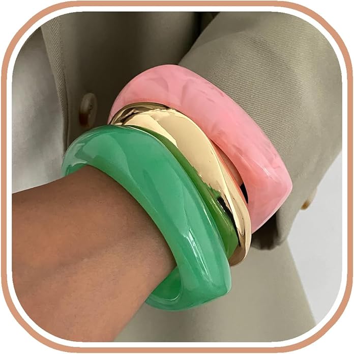 ALEXTINA 3Pcs Acrylic Resin Bangles for Women, Wide Resin Bracelets Chunky Cuff Bracelets Set Stackable Bracelets, Summer Vacation Jewelry Gift for Women
