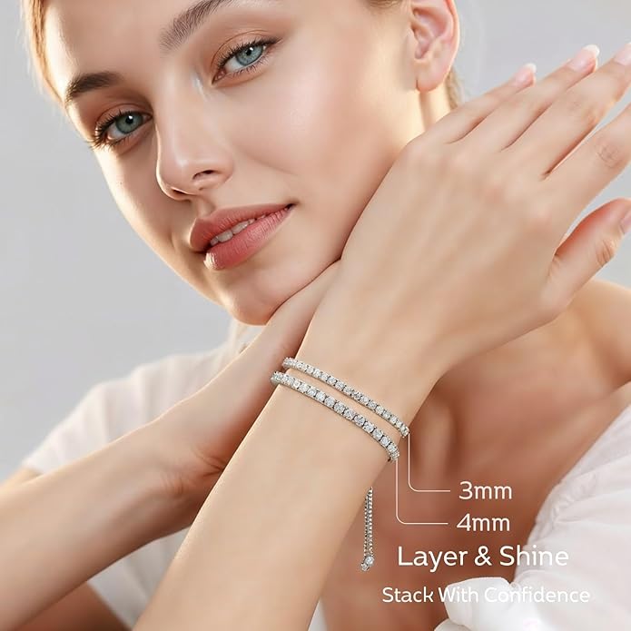 LOVE&LOVE Moissanite Tennis Bracelet for Women, Adjustable 18K Gold Plated 925 Sterling Silver Bracelet, 3/4mm D VVS1 Round Cut, Luxury Jewelry Gift for Wife Mom Girlfriend Birthday Anniversary
