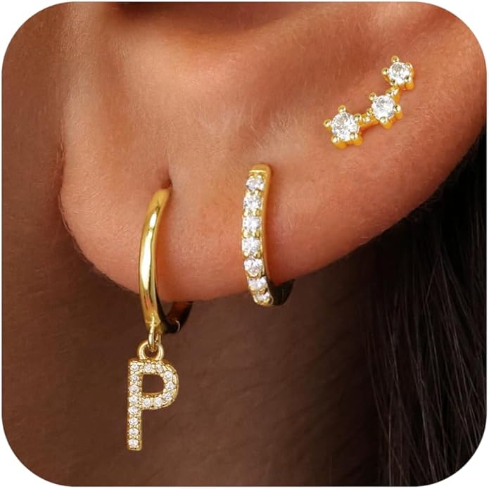Valentines Day Gifts for Kids Girls - 3 Pairs Gold Earrings for Women Huggie Hoop Earrings for Girls with Initial Dangle Cartilage Earring Studs Hypoallergenic Earring Set for Multiple Piercing