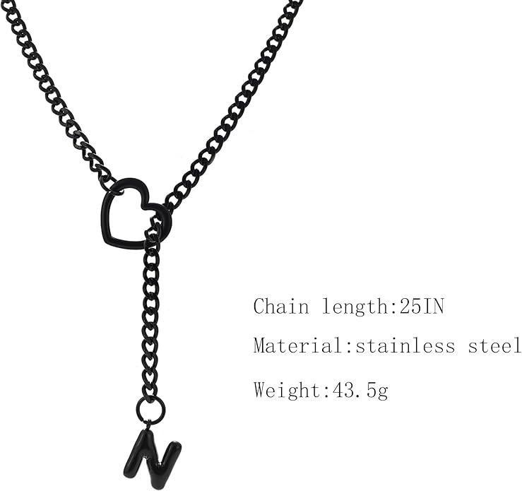 Black Heart Slip Chain Initial Necklaces for Women,Stainless Steel O-Ring Adjustable Lariat Heart Y-Necklace,Punk Gothic Cuban Collar Choker Necklace for women
