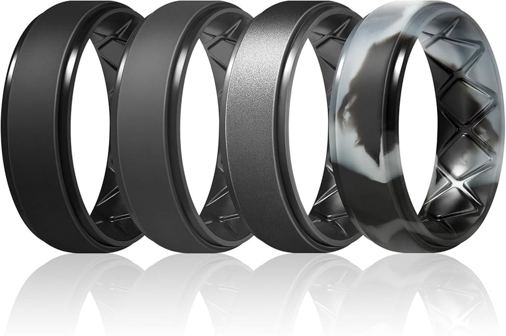 Egnaro Men's Rings 8.5mm Wide-2mm Thick Inner Arc Ergonomic Breathable Rubber Wedding bands-Hypoallergenic for Gym/Outdoor/Gift((1-7 Variety Pack with Half Size)