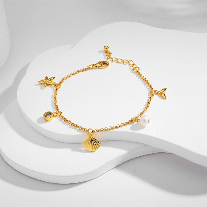 Gold Charm Bracelet for Women Boho Adjustable Shell Starfish Bracelet Summer Beach Ocean Statement Bracelets