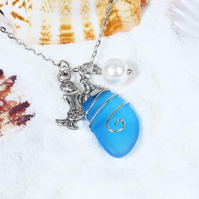 Sea Glass Necklace, Wire Wrapped Beach Necklaces, Sea Glass Jewelry, Handmade Blue Beach Jewelry for Women Trendy