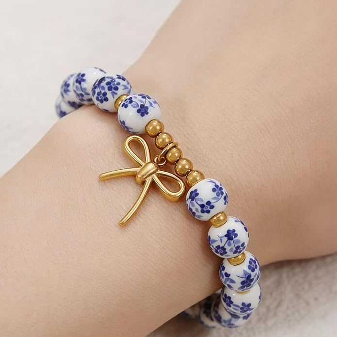 Butterfly Charm Bracelet Set - Blue and White Porcelain Beaded, Adjustable Vintage Stretch Bracelets for Women, Handmade Dainty Jewelry Gift