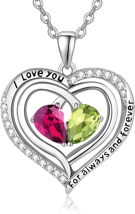 Valentine's Day Gifts for Wife 925 Sterling Silver Double Birthstone Pendant Necklaces I Love You for Always and Forever Necklace Anniversary Birthday Gifts for Wife Girlfriend Mom Her
