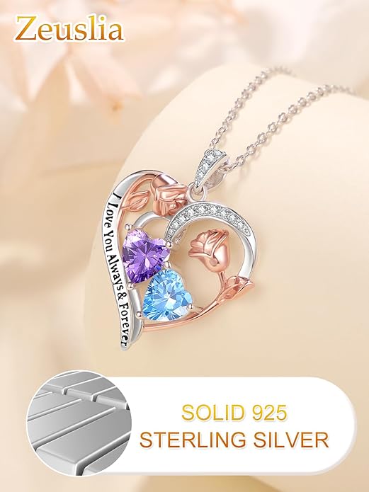 Valentine's Day Gifts for Wife 925 Sterling Silver Double Birthstone Pendant Necklaces I Love You for Always and Forever Necklace Anniversary Birthday Gifts for Wife Girlfriend Mom Her