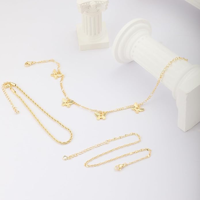 MIDEEO Gold/Silver Ankle Bracelets for Women,14K Gold Anklets for Women Waterproof Cuban Link Heart Beads Herringbone Rhinestone Anklets Set Layered Anklet Bracelets for Women Gold Jewelry Gift