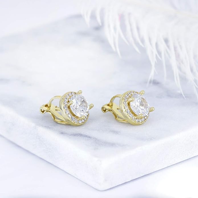 YOQUCOL 8MM Cubic Zirconia Crystal Clip On Stud Earrings Round Non Pierced Earrings for Women