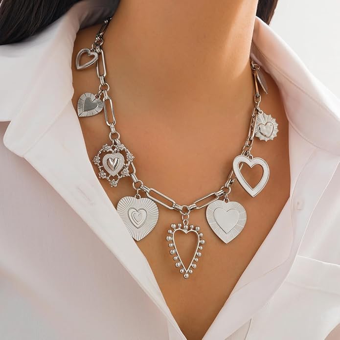 Chunky Gold Necklace Big Heart Necklace for Women Silver Large Statement Necklaces Thick Bold Chain Puffy Love Heart Charm Necklaces for Women with OT Toggle Silver Chunky Gold Jewelry Trendy Valentine's Day Gift