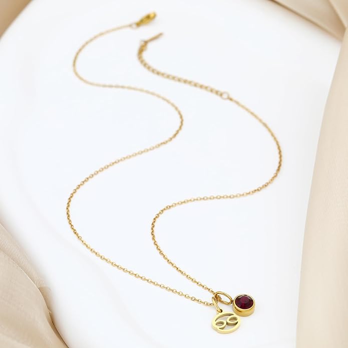 MISS RIGHT Initial Birthstone Necklace for Women - Personalized Gifts Birthday Gifts for Women Stainless Steel 18K Gold Plated Dainty Gold Zodiac Sign 12 Constellation Horoscope Necklace Jewelry