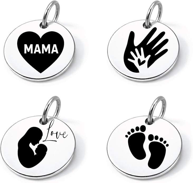 SM Design Pregnancy & New Baby Charm Set – Set of 4 Meaningful Stainless Steel Charms – Great for Crafting, Making Bracelets and Necklaces - Meaningful Keepsake Charms for Expecting & New Moms