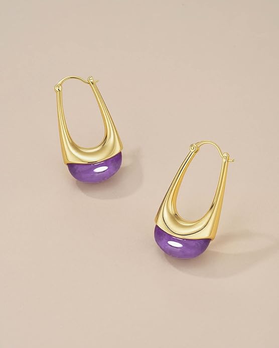 Long Oval Chunky Dangle 18K gold plated Hoops with Colored Resin Gemstone Statement Earrings for Women by SNGIA, (Green, Brown, Blue, Pink, White, Cream), Bold Drop Handmade Exaggerated Irregular Trendy Bohemian Jewelry Gifts, Unique Dangling Teardrop ...