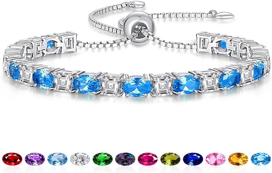 Sterling Silver Birthstone Bracelets for Women White Gold Tennis Bracelets Adjustable Chain 6-9 Inchs Jewelry Hypoallergenic Anniversary Birthday Gifts for Women Mom Wife Her