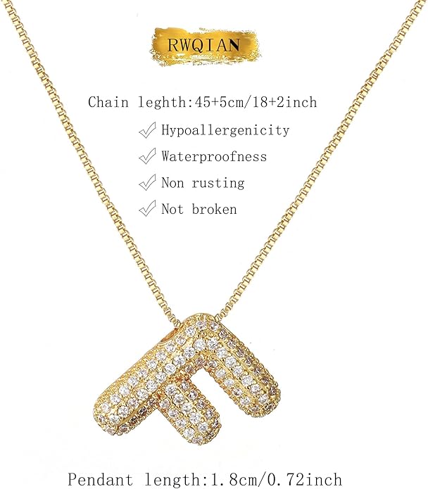 RWQIAN Letter Necklace for Women Bubble, Chunky Initial Alphabet A-Z Pendant Puffy Name Personalized Necklace Dainty Zircon CZ Fashion Jewelry Gifts for Girls Girlfriend