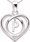 ALOV Jewelry Sterling Silver Initial Letter Alphabet Love Heart Cubic Zirconia Pendant Necklace